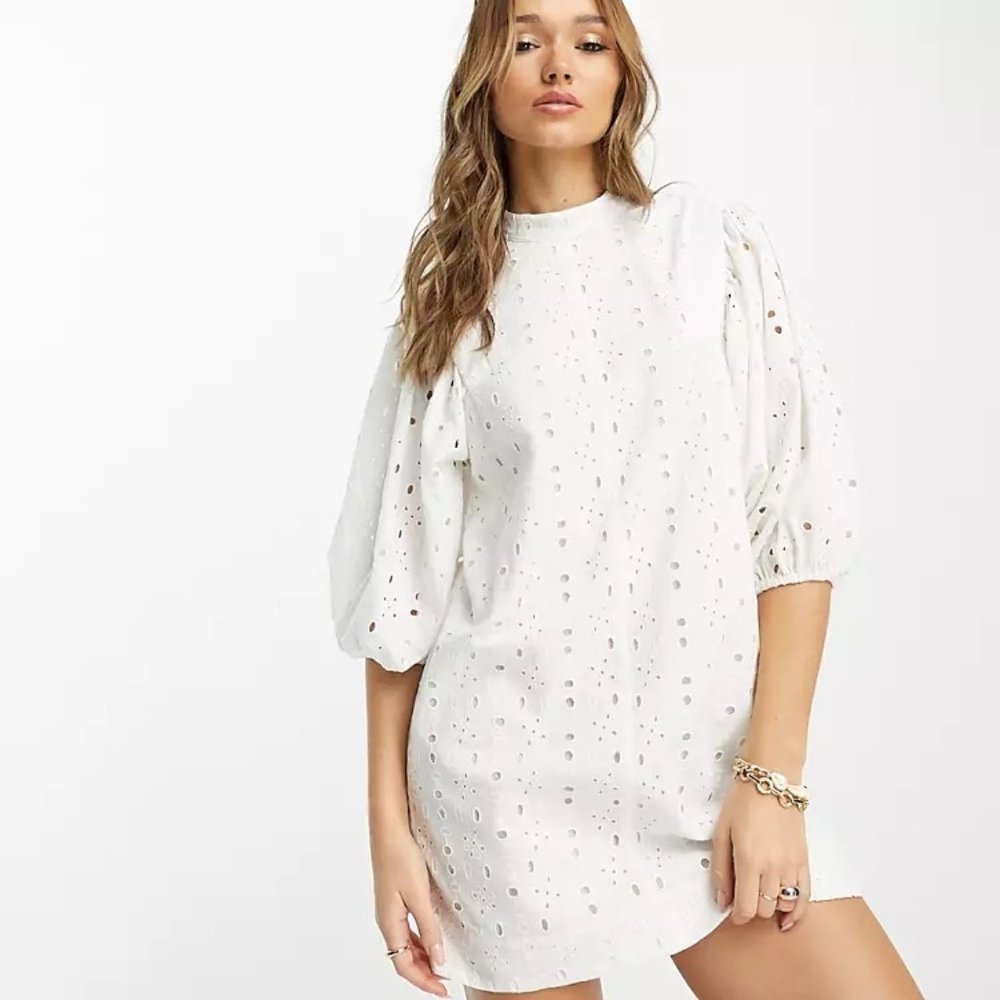 NWT ASOS DESIGN broderie mini dress with puff sleeve in white